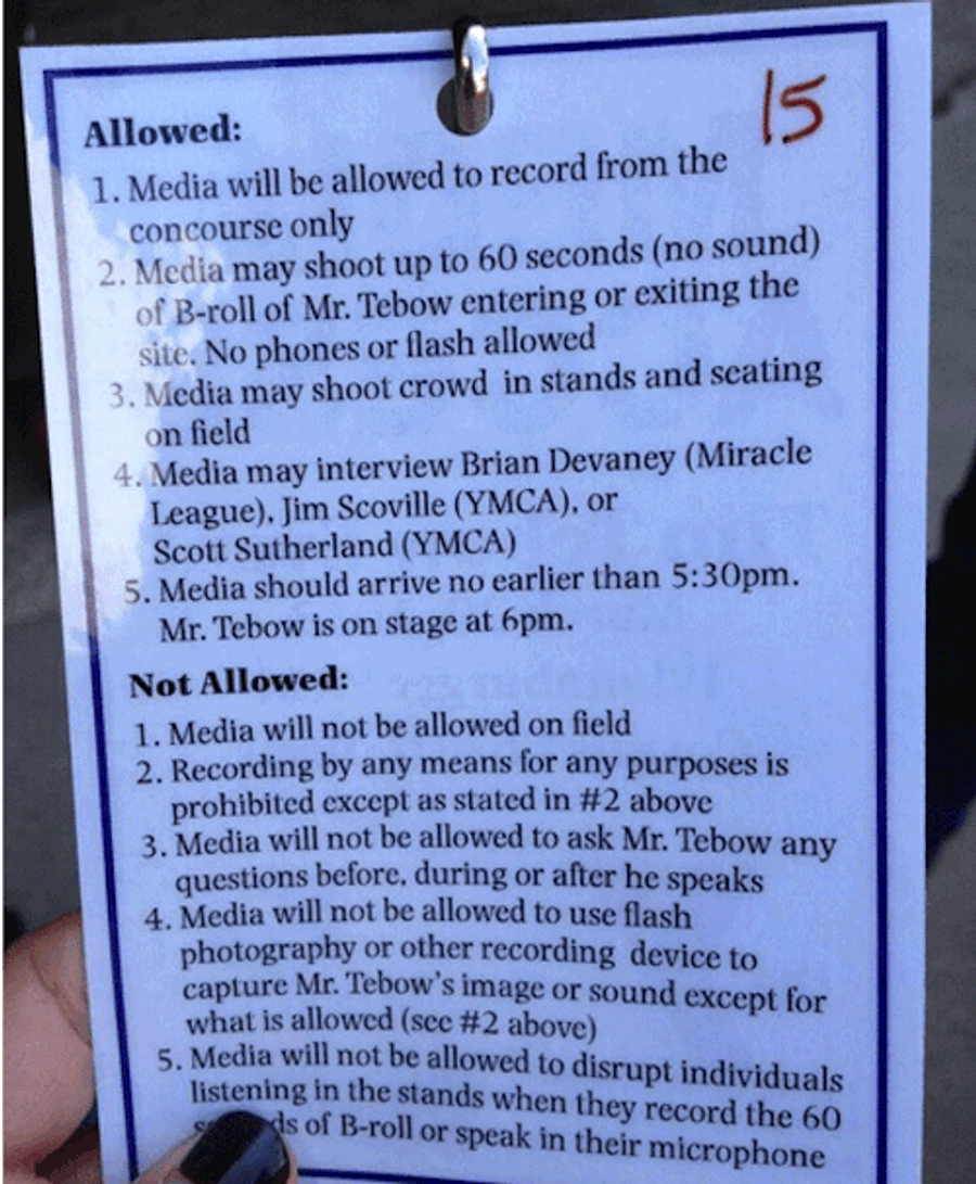 Tim Tebow Insists On Being Protected From Questions And Flash Photography