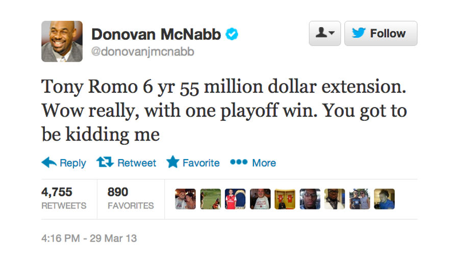 Donovan McNabb Is Mad About Tony Romo's New Contract