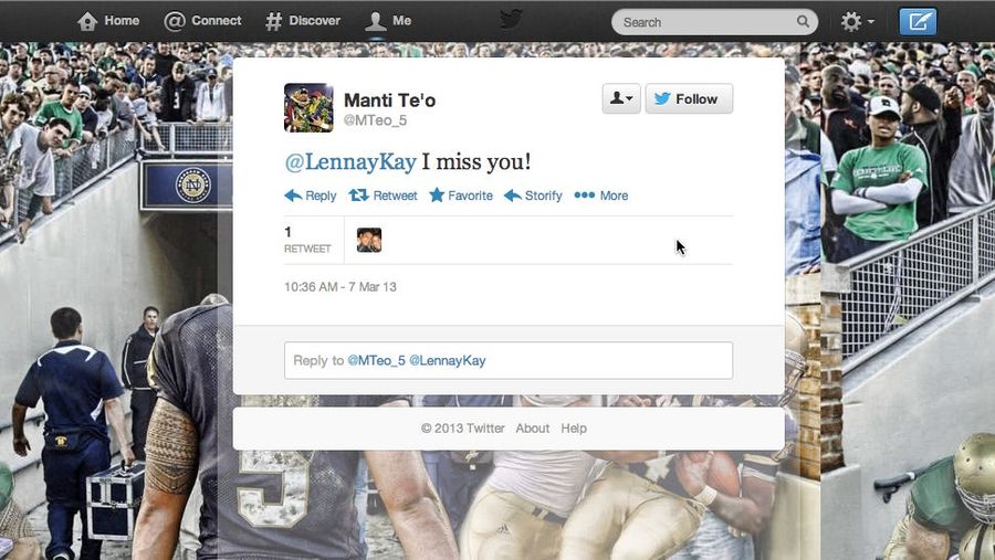 Somebody Took Over Manti Te'o's Old Twitter Account And Is Reviving His Old Tweets—Including Those To Lennay Kekua