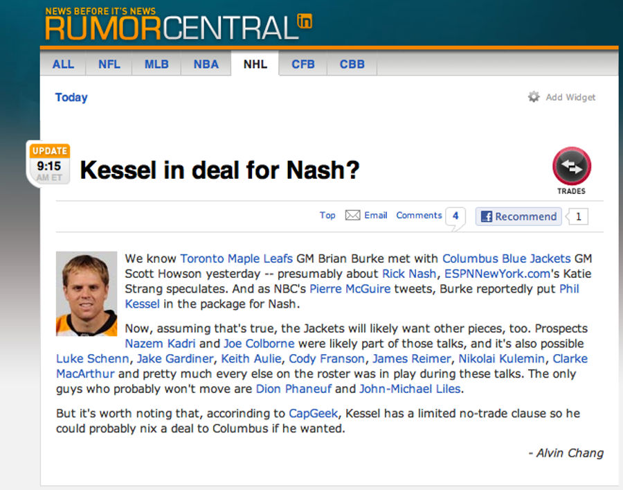ESPN.com Passes Along Kessel-For-Nash Rumor, As Reported By Fake Pierre McGuire Twitter Account