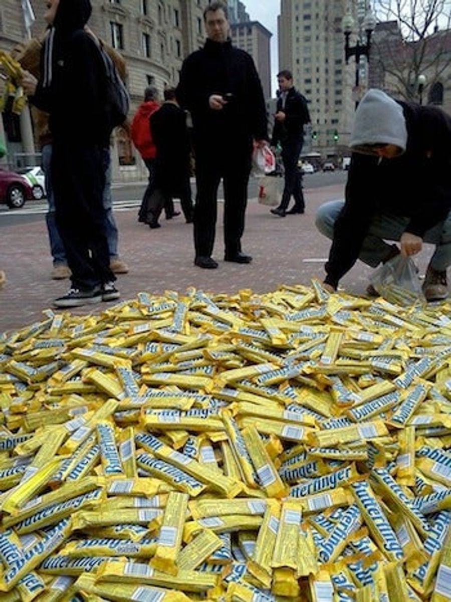 Wes Welker Mocked With Pile Of Butterfinger Candy Bars In Boston Town Square