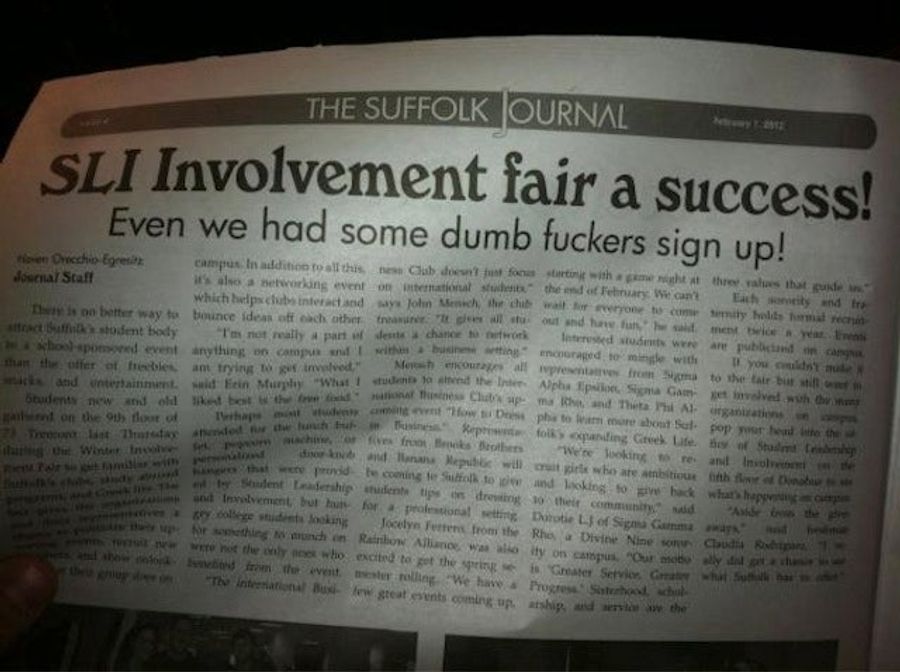 &quot;Dumb Fuckers&quot; Attend University Club Fair, Student Paper Reports