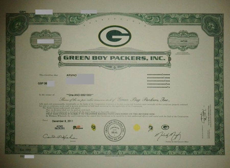 At Least One New Packers Shareholder Received An Official Certificate From The "Green Boy Packers, Inc."
