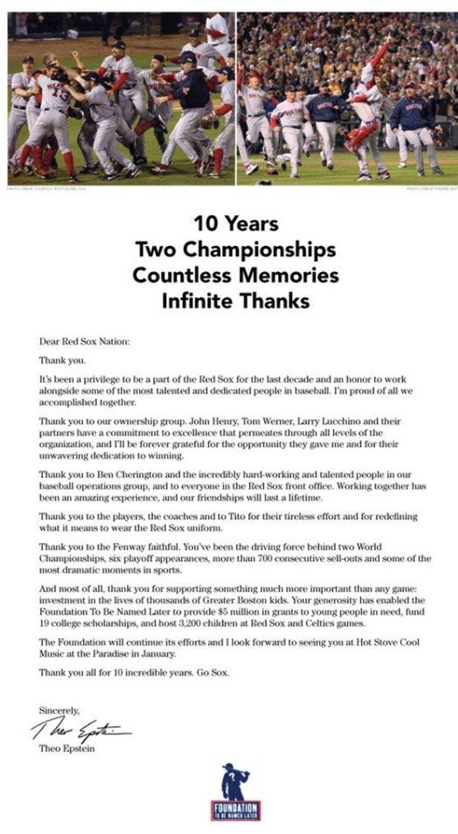 Theo Epstein&#39;s Full-Page Ad Thanks Everyone In Boston, Even Larry Lucchino