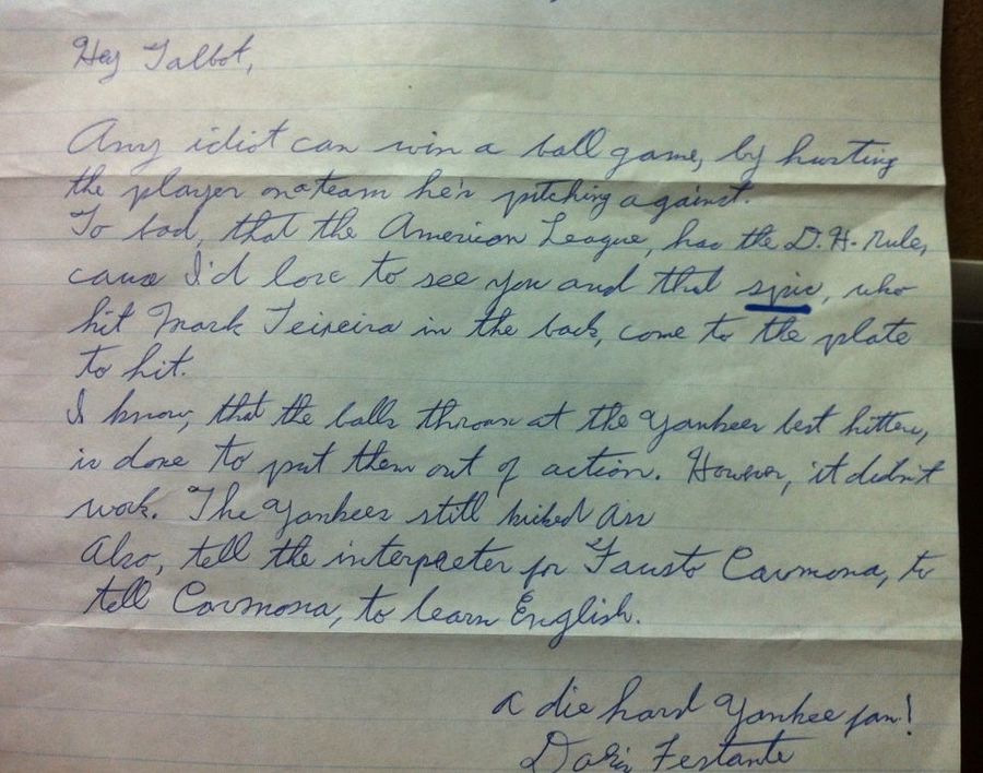 Doris, A Die-Hard Yankees Fan, Sends Letter To Indians Pitcher In Which She Calls Fausto Carmona A &quot;Spic&quot;