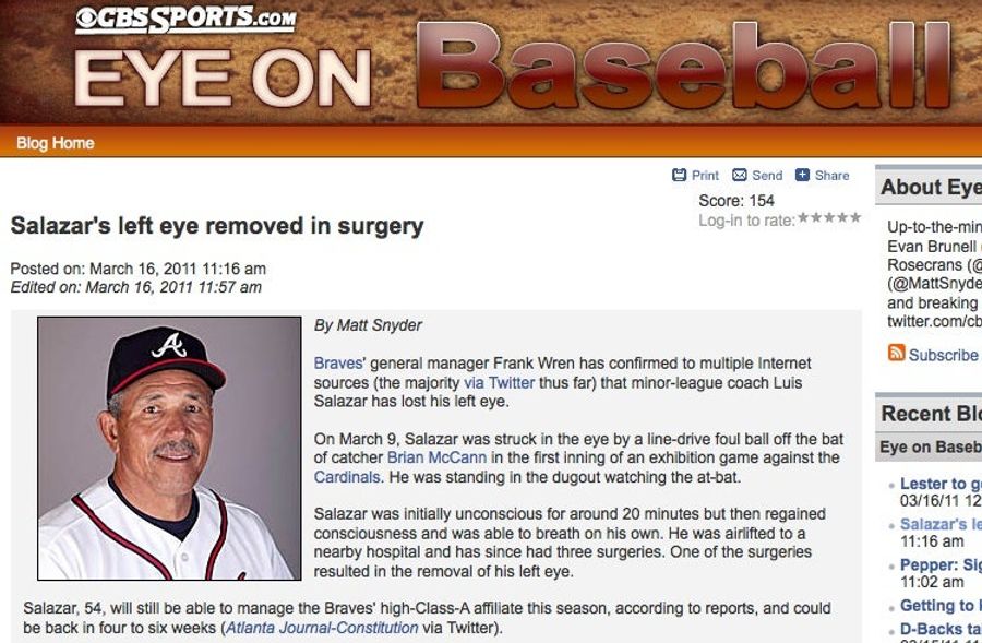 CBS Runs A Misguided &quot;Eye On Baseball&quot; Story About Luis Salazar&#39;s Lost Left Eye