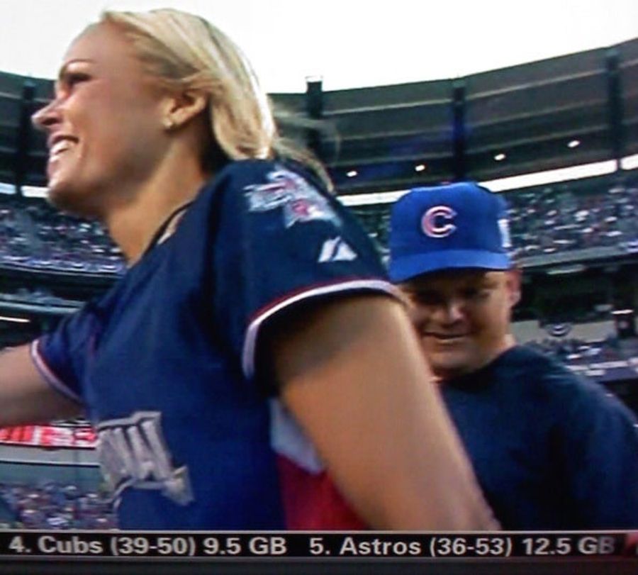Andy Richter Keeps An Eye On Jennie Finch's Backstop