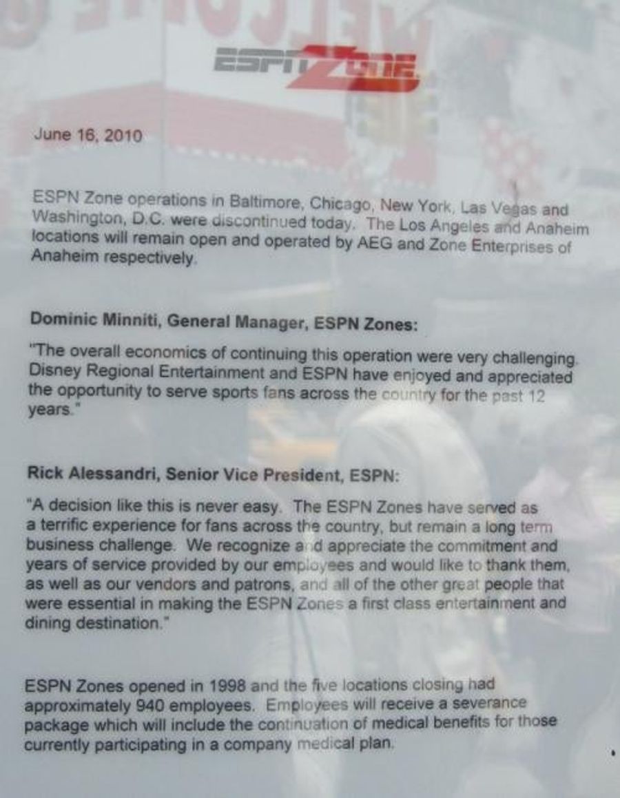 Sad Letter Closes The Door On ESPN Zone