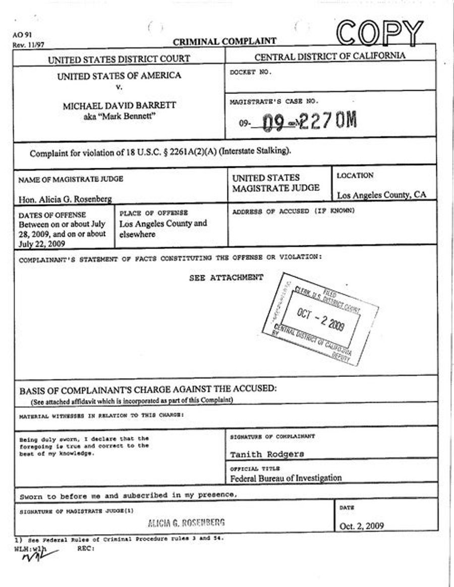 The Criminal Complaint Against Michael David Barrett, Alleged Erin Andrews Peeper