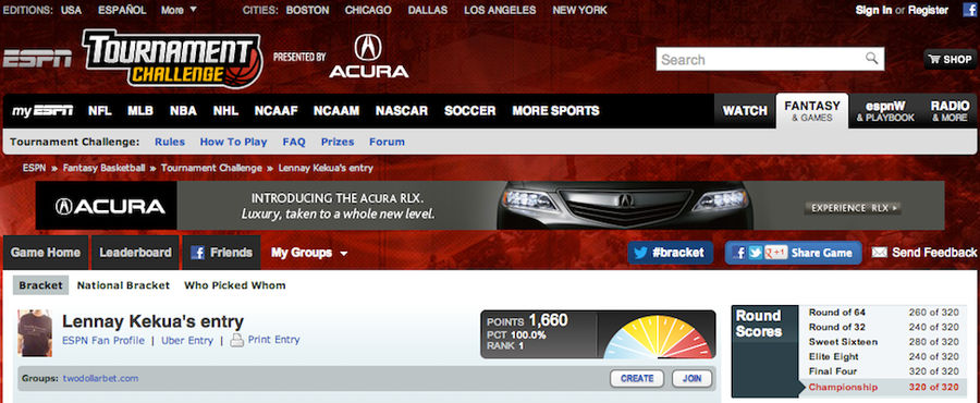 &quot;Lennay Kekua&#39;s Entry&quot; Won ESPN&#39;s Tournament Challenge