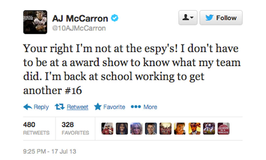 A.J. McCarron Scoreboards Johnny Manziel