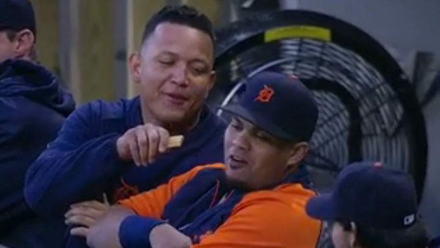 Miguel Cabrera Tries To Force-Feed One Of His Teammates