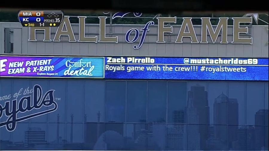 Kauffman Stadium Scoreboard Promotes Tweet From "@mustacherides69"