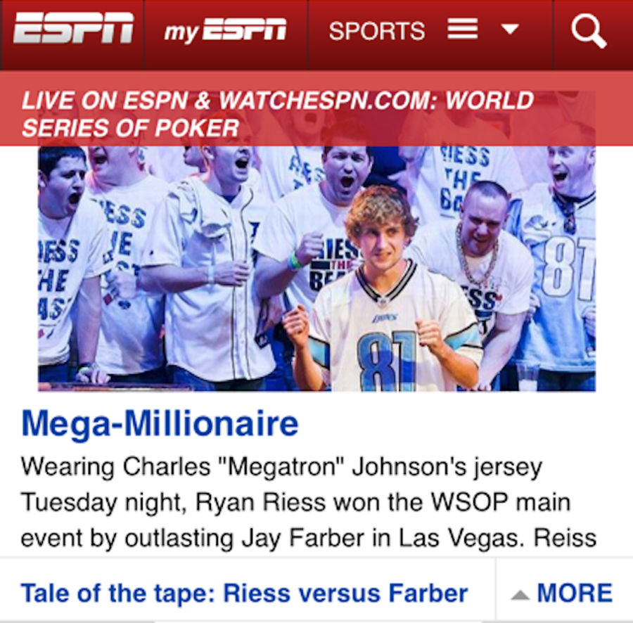 ESPN: WSOP Champion Wins While Wearing "Charles" Johnson Lions Jersey