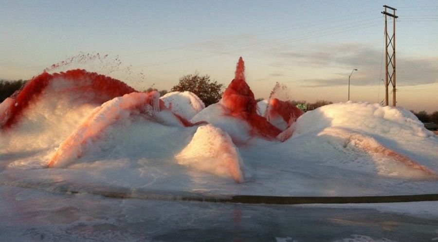 Kansas City Dyes Fountain Red To Support Chiefs, Fountain Freezes