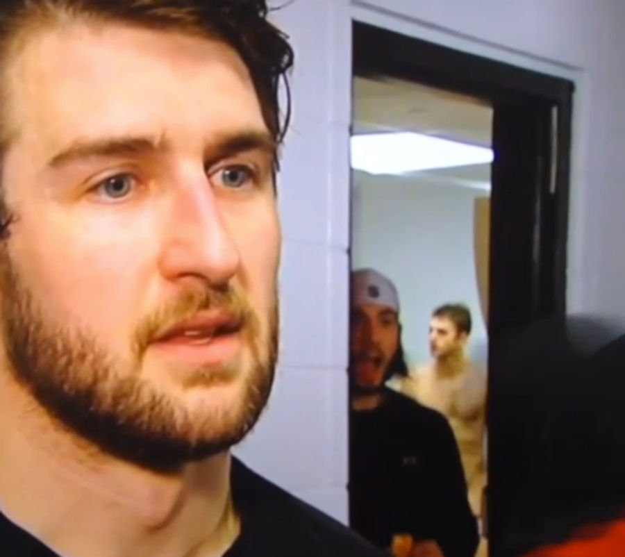 Tanner Glass Postgame Features Buck Naked Pens Player In Background