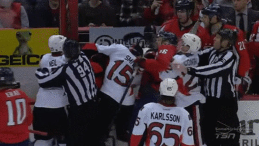 Erik Karlsson And Mike Green Hug Amid The On-Ice Chaos