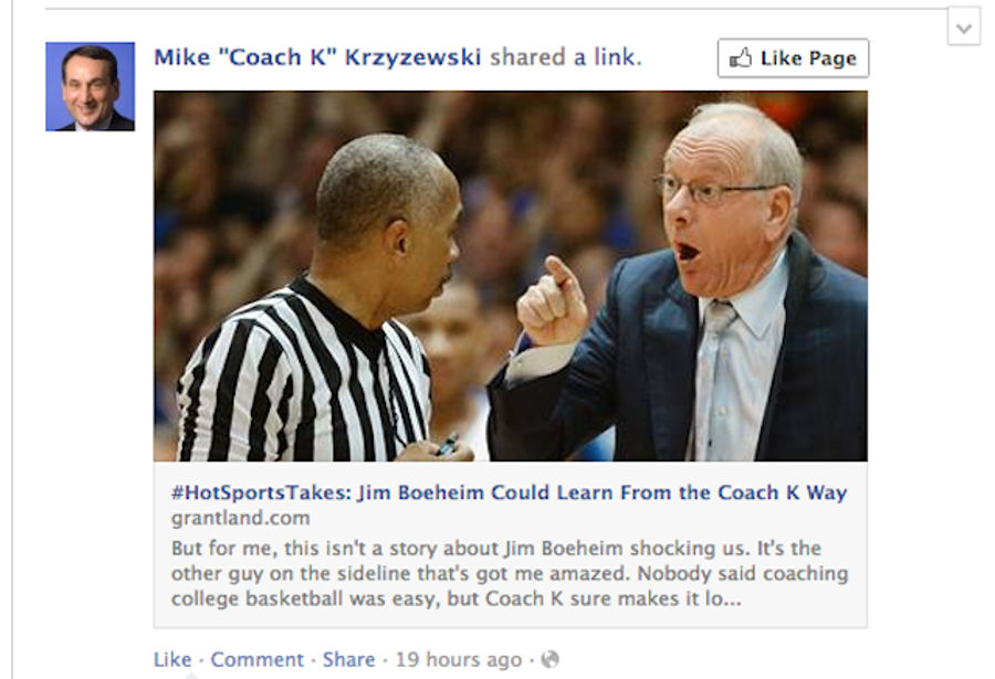 Coach K's Facebook Presence Does Not Come With A Sense Of Humor