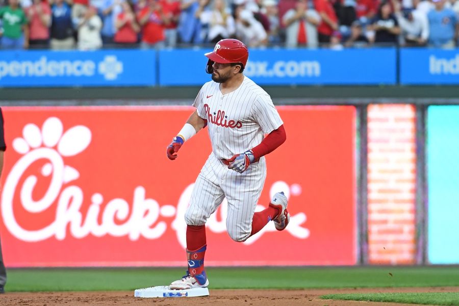 Phillies’ Kyle Schwarber (elbow) exits after setting leadoff HR record