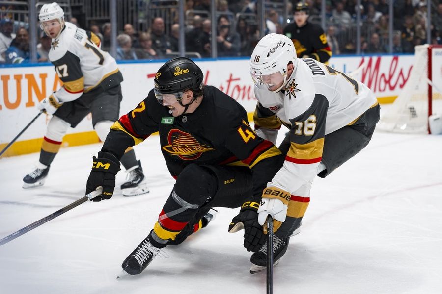 Deadspin | Golden Knights edge Canucks, grab piece of first place in Pacific Apr 7, 2026; Vancouver, British Columbia, CAN; Vegas Golden Knights forward Pavel Dorofeyev (16) checks Vancouver Canucks forward Curtis Douglas (42) in the second period at Rogers Arena. Mandatory Credit: Bob Frid-Imagn Images Cole Smith scored the eventual game-winner as the Vegas Golden Knights edged the host Vancouver Canucks 2-1 on Tuesday night. With the win, the Golden Knights (36-26-16, 88 points) moved into a tie for first place in the Pacific Division with the Oilers. Edmonton holds the tiebreaker edge. Vegas is now 4-0-0 with John Tortorella behind the bench and 18-14-7 on the road this season. Brayden McNabb also scored for Vegas, which swept the three-game season series against the Canucks and improved to 11-1-2 all-time in Vancouver. Carter Hart made 10 saves to improve to 5-1-2 in nine career appearances vs. the Canucks. Max Sasson responded for Vancouver (22-47-8, 52 points), which has dropped three straight and is 1-9-0 in the past 10 games. Nikita Tolopilo stopped 26 shots for Vancouver, which is 8-27-5 on home ice this season. With the loss, the Canucks have dropped seven straight against the Golden Knights. Vancouver’s last win over Vegas came on April 8, 2024. Just past the midpoint of the third period, Smith stole the puck just outside the Vancouver zone and fed Nic Dowd down the right wing. Smith took a pass back from Dowd while coming up the center of the ice and fired in a goal that put Vegas up 2-1. Sasson opened the scoring, snapping a shot that deflected off Vegas defenseman Jeremy Lauzon and stick side past Hart at 12:50 of the second period. Vegas responded less than four minutes later. McNabb’s shot from the point beat a screened Tolopilo at 15:46. Vancouver managed just seven shots on goal through 40 minutes of play. The Golden Knights outshot the Canucks 10-2 in a scoreless first period. Vancouver didn’t get its first shot on goal until 14:28 into the period — an attempt from the point by defenseman Victor Mancini. The Golden Knights picked up a 5-2 win over the visiting Canucks on Feb. 4 and began their current winning streak by doubling up Vancouver 4-2 on March 30 in Las Vegas. –Field Level Media #Deadspin #Golden #Knights #edge #Canucks #grab #piece #place #Pacific Deadspin | Golden Knights edge Canucks, grab piece of first place in Pacific Apr 7, 2026; Vancouver, British Columbia, CAN; Vegas Golden Knights forward Pavel Dorofeyev (16) checks Vancouver Canucks forward Curtis Douglas (42) in the second period at Rogers Arena. Mandatory Credit: Bob Frid-Imagn Images Cole Smith scored the eventual game-winner as the Vegas Golden Knights edged the host Vancouver Canucks 2-1 on Tuesday night. With the win, the Golden Knights (36-26-16, 88 points) moved into a tie for first place in the Pacific Division with the Oilers. Edmonton holds the tiebreaker edge. Vegas is now 4-0-0 with John Tortorella behind the bench and 18-14-7 on the road this season. Brayden McNabb also scored for Vegas, which swept the three-game season series against the Canucks and improved to 11-1-2 all-time in Vancouver. Carter Hart made 10 saves to improve to 5-1-2 in nine career appearances vs. the Canucks. Max Sasson responded for Vancouver (22-47-8, 52 points), which has dropped three straight and is 1-9-0 in the past 10 games. Nikita Tolopilo stopped 26 shots for Vancouver, which is 8-27-5 on home ice this season. With the loss, the Canucks have dropped seven straight against the Golden Knights. Vancouver’s last win over Vegas came on April 8, 2024. Just past the midpoint of the third period, Smith stole the puck just outside the Vancouver zone and fed Nic Dowd down the right wing. Smith took a pass back from Dowd while coming up the center of the ice and fired in a goal that put Vegas up 2-1. Sasson opened the scoring, snapping a shot that deflected off Vegas defenseman Jeremy Lauzon and stick side past Hart at 12:50 of the second period. Vegas responded less than four minutes later. McNabb’s shot from the point beat a screened Tolopilo at 15:46. Vancouver managed just seven shots on goal through 40 minutes of play. The Golden Knights outshot the Canucks 10-2 in a scoreless first period. Vancouver didn’t get its first shot on goal until 14:28 into the period — an attempt from the point by defenseman Victor Mancini. The Golden Knights picked up a 5-2 win over the visiting Canucks on Feb. 4 and began their current winning streak by doubling up Vancouver 4-2 on March 30 in Las Vegas. –Field Level Media #Deadspin #Golden #Knights #edge #Canucks #grab #piece #place #Pacific
