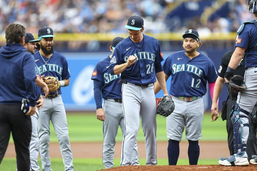Mariners starter Emerson Hancock leaves with hand injury
