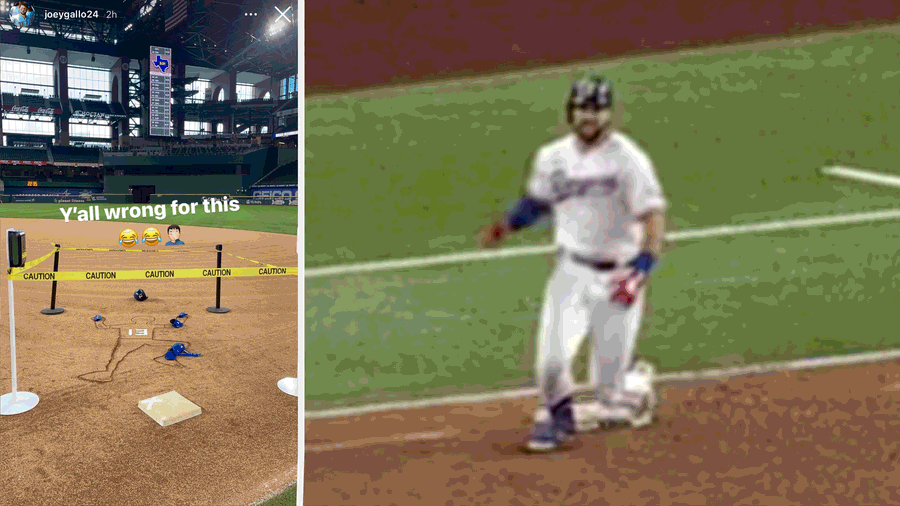 Joey Gallo’s teammates build mock crime scene to investigate his trip over first base