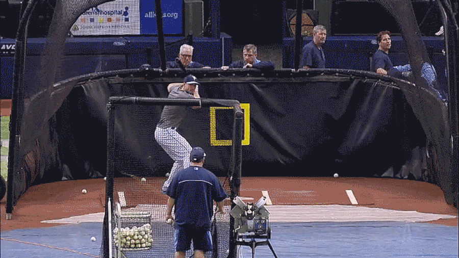 Matt Joyce Hits Ball Back Into Pitching Machine; Machine Fires It Again
