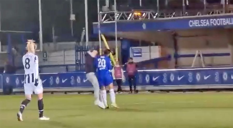 Sam Kerr decks pitch invader during Chelsea Women’s Champions League match