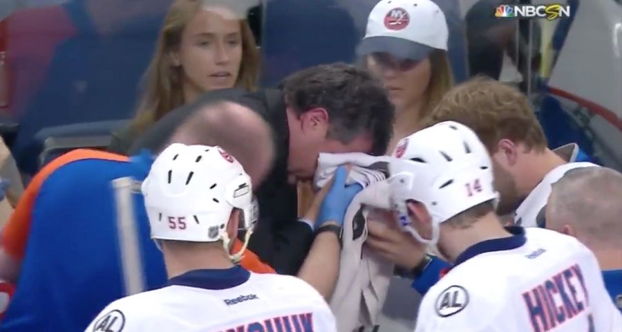 Islanders Coach Jack Capuano Takes Puck To The Face