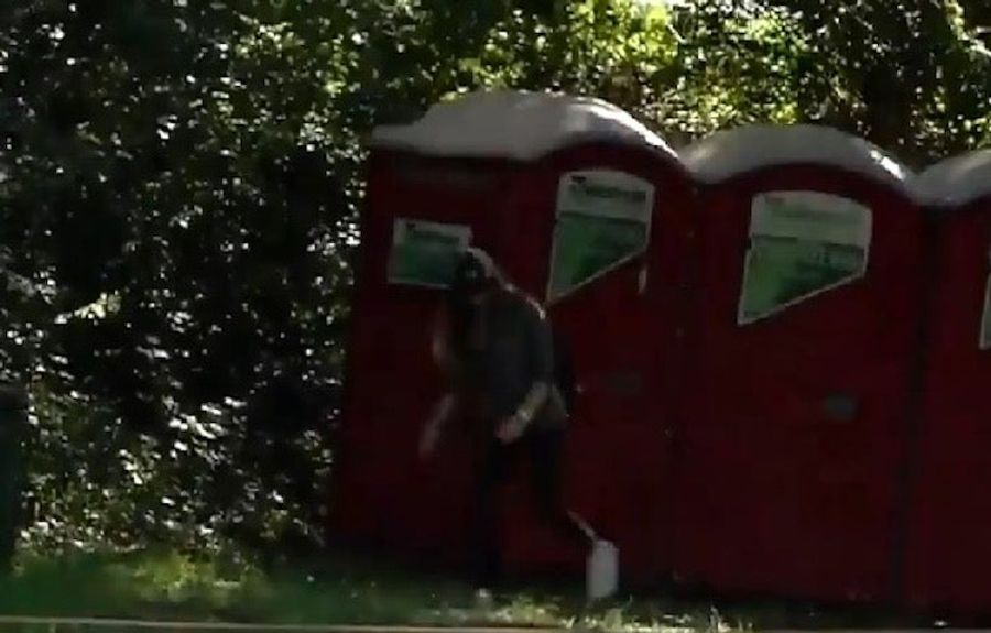 Golfer Distracted By His Own Fiancée Coming Out Of A Portable Toilet