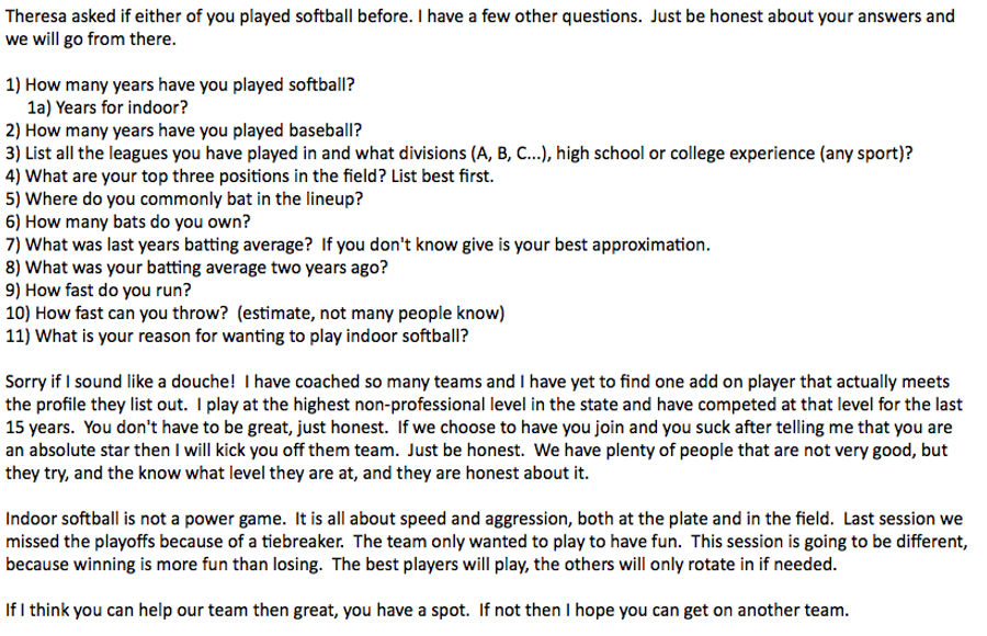 Delusional Rec-League Softball Coach Has 11 Insane Questions For You