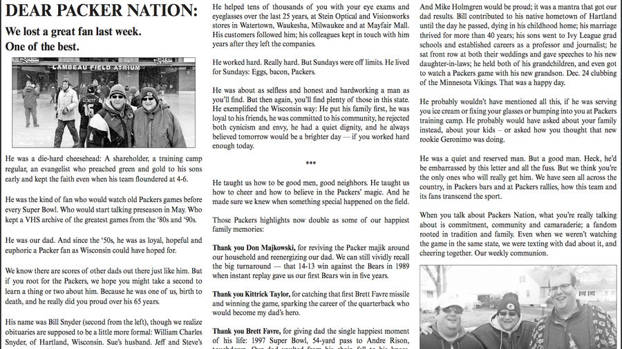 Family Buys Newspaper Ad To Thank Brett Favre For Giving Their Dad The Greatest Moment Of His Life