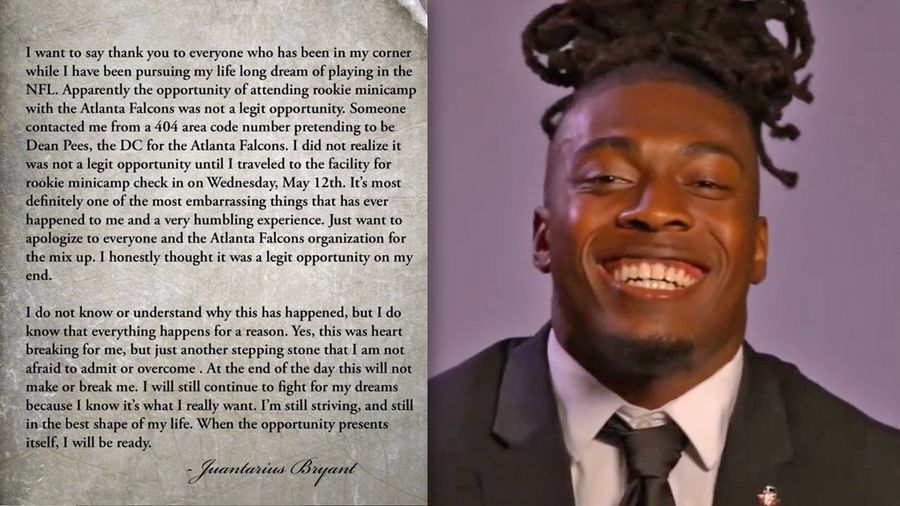 Juantarius Bryant gets fake camp invite from jerk posing as Falcons defensive coordinator