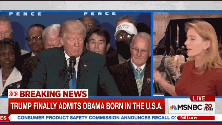Donald Trump's Birther PR Stunt Beset By Chaos, Stage Collapse