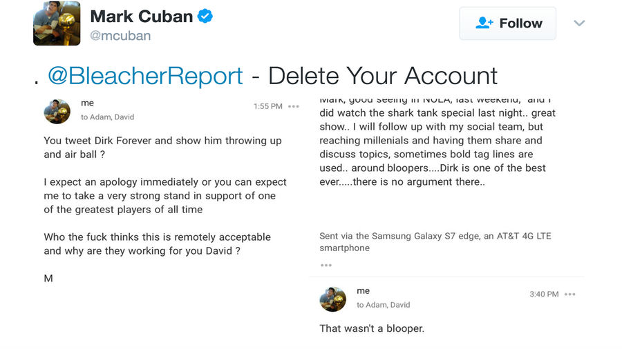 Bleacher Report Deletes Dirk Nowitzki Tweet After Mark Cuban Complains To President Of Turner