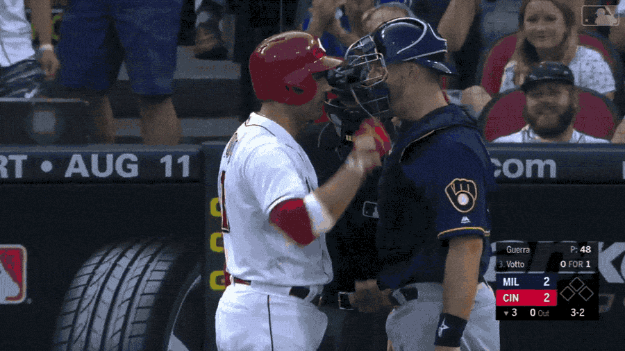 Brewers And Reds Engage In Grade D Beef During Home Plate Conversation<em></em>