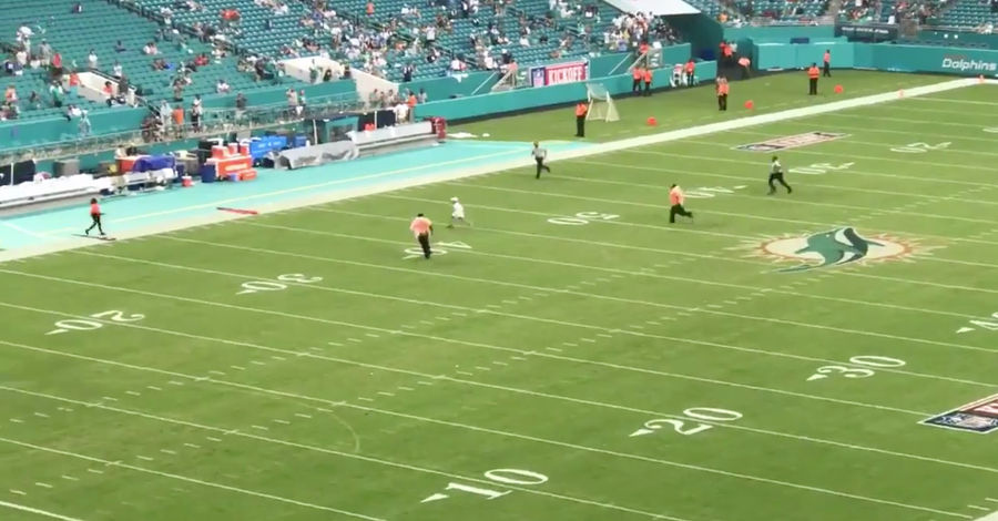 Tiny Child On Field Can't Stand Titans-Dolphins Weather Delay