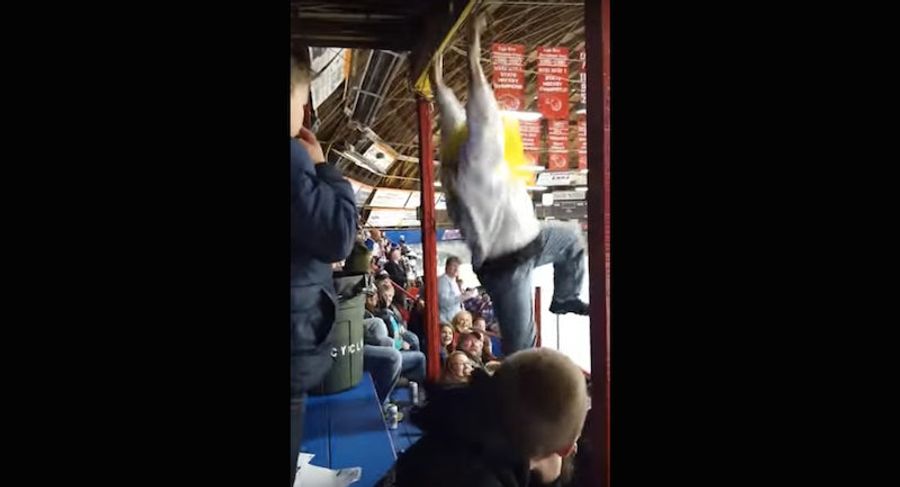 Idiot Hockey Fan Dangles From Rafters, Falls On Woman