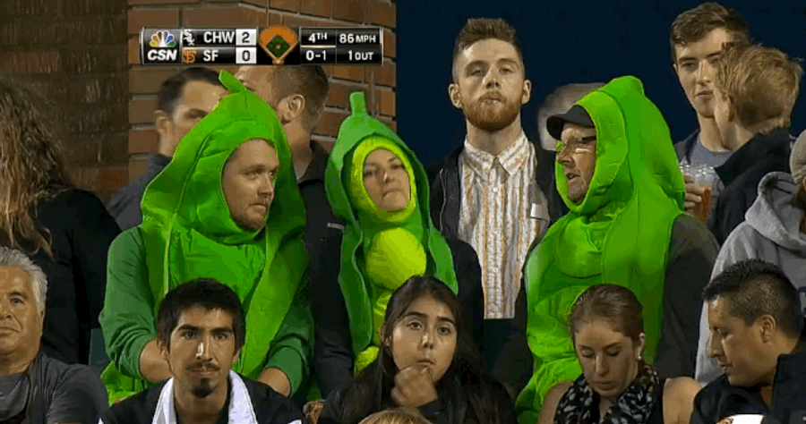 Just A Few Baseball Fans Dressed As Peapods, Chatting