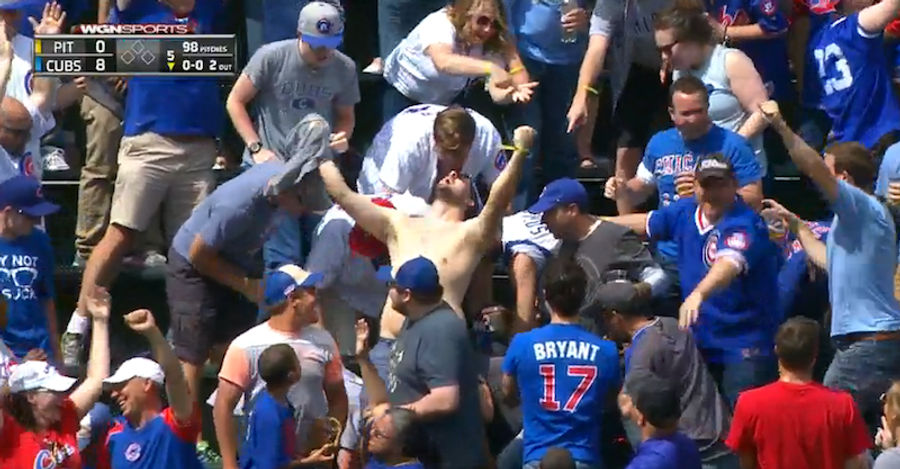Cubs Fan Jumps For Home Run Ball, Misses It, Removes Shirt, Curses Sky Gods