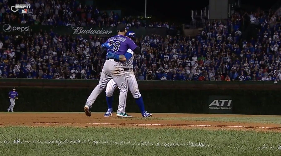 Javier Baez And Nolan Arenado Share Warm Hug During Live Baseball Play