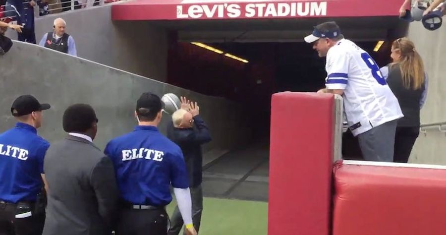 Fan Tosses Helmet At Jerry Jones, Hits Him In Head<em></em>