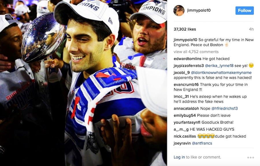 Jimmy Garoppolo Posts Goodbye To Patriots On Instagram, Although He Might Have Been Hacked