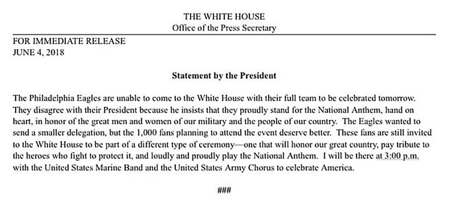 Flag-Humping President Disinvites Eagles From White House Visit [Update]