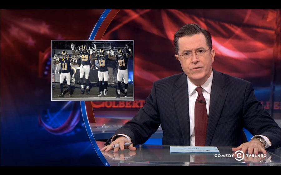 Colbert Lampoons Reaction To The Rams' "Hands Up, Don't Shoot" Intro