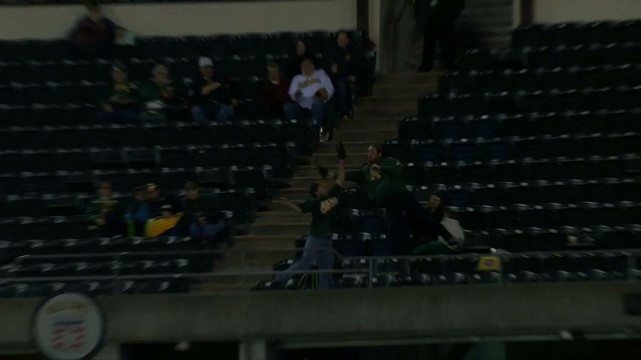 Ponytailed A&#39;s Fan Robs Other Ponytailed A&#39;s Fan With Great Catch