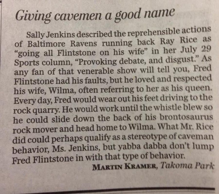 Newspaper Reader Has Strong Opinion On Ray Rice And Fred Flintstone