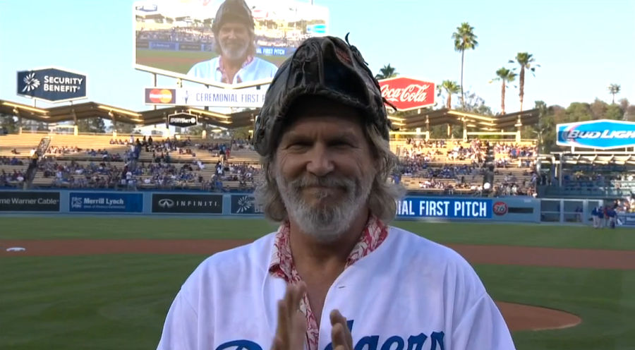 Jeff Bridges With <i>The Big Lebowski</i> First "Pitch" At Dodger Stadium