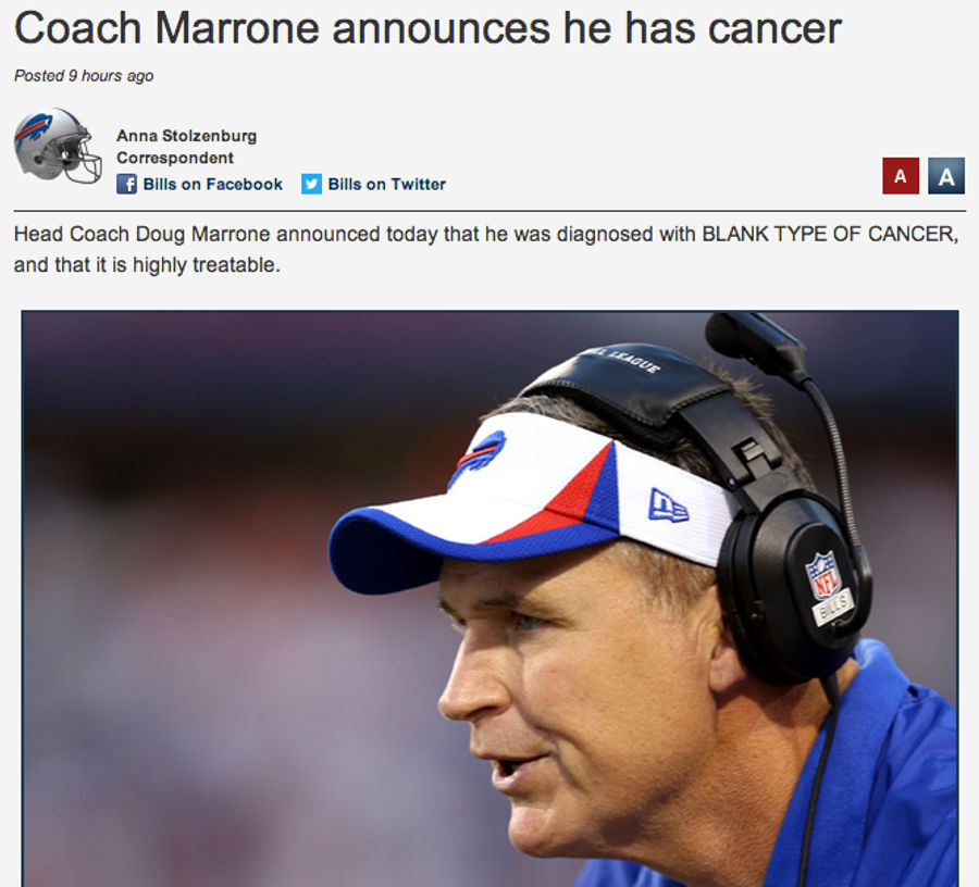 Buffalo Bills Publish Report That Head Coach Has &quot;BLANK TYPE OF CANCER&quot;