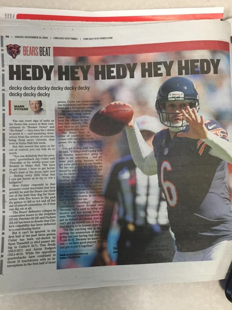 <em>Sun-Times</em>&#39; Bears Headline: &quot;Hedy Hey Hedy Hey Hedy&quot;